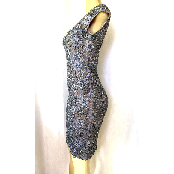 Baccio Couture Dress Floral Pewter Gray Swarovski Textured Sleeveless Sh… - Picture 4 of 10